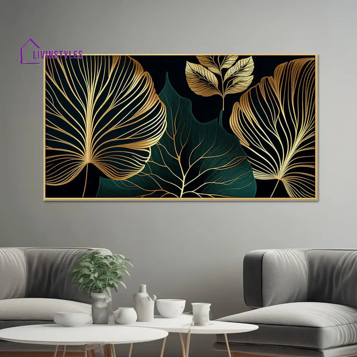 Luxurious Gold Leaves On Black Wall Painting