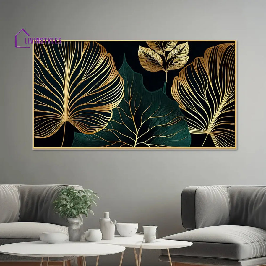 Luxurious Gold Leaves On Black Wall Painting