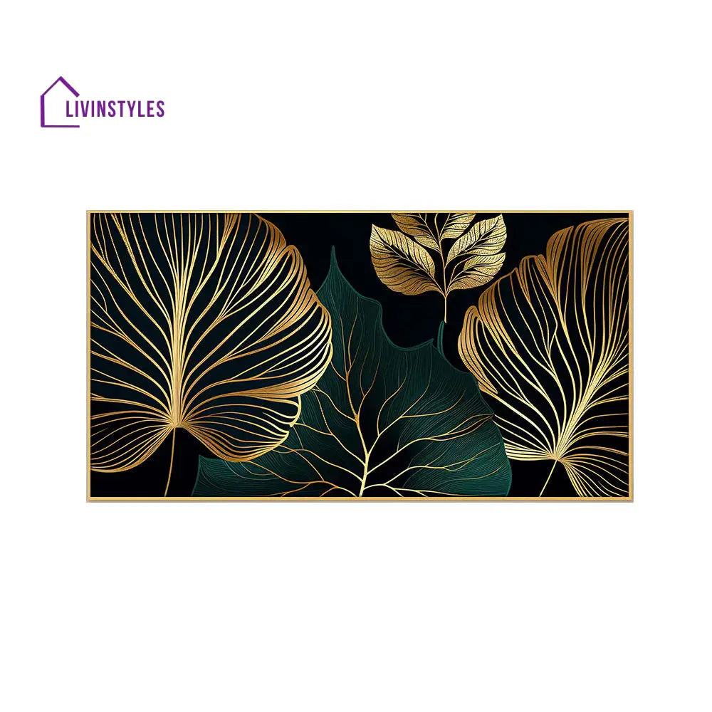 Luxurious Gold Leaves On Black Wall Painting