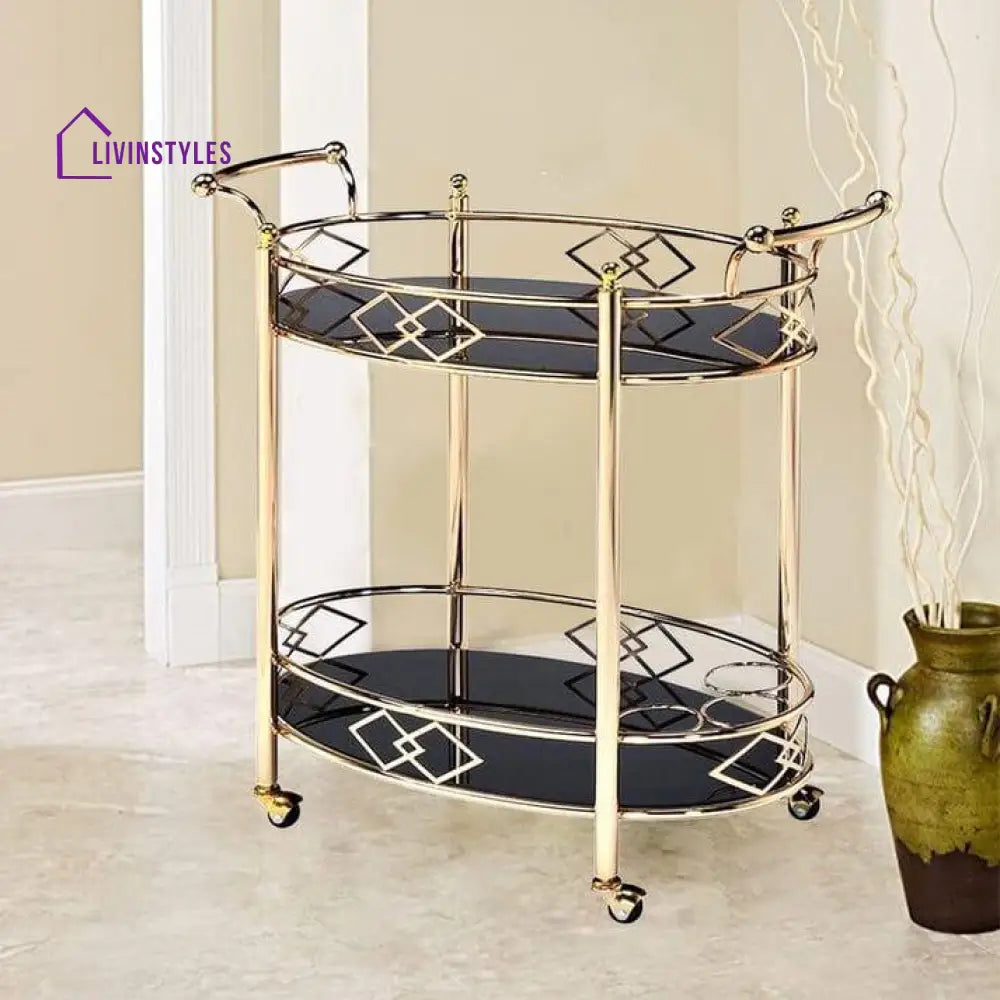 Luxurious Golden Iron 2 Tier Oval Trolley With Black Glass - Space Saving Design Serving Cart