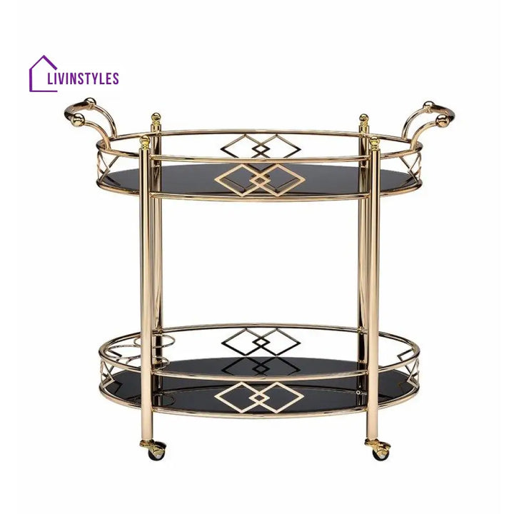 Luxurious Golden Iron 2 Tier Oval Trolley With Black Glass - Space Saving Design Serving Cart