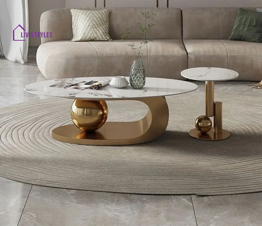 Luxurious Marble Top Stainless Steel With Pvd Coated Single Bool Coffee Table Set Tables