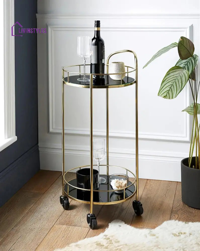 Luxurious Round Trolley with Black Glass Top