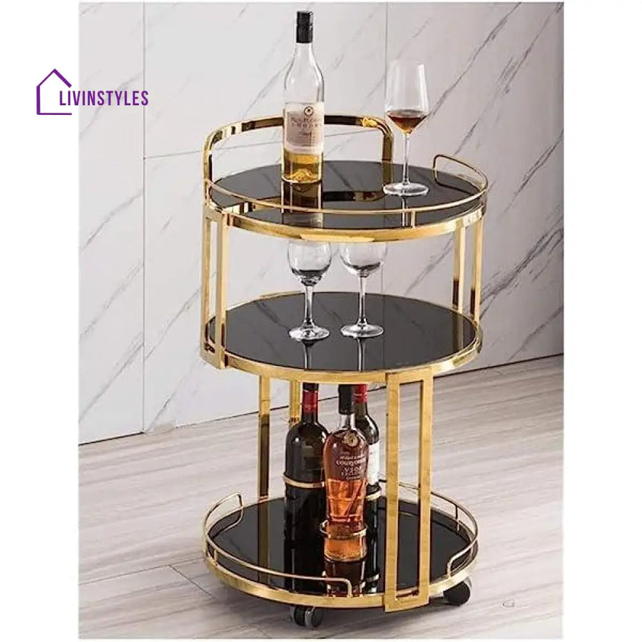 Luxurious Round Trolley with Black Glass Top