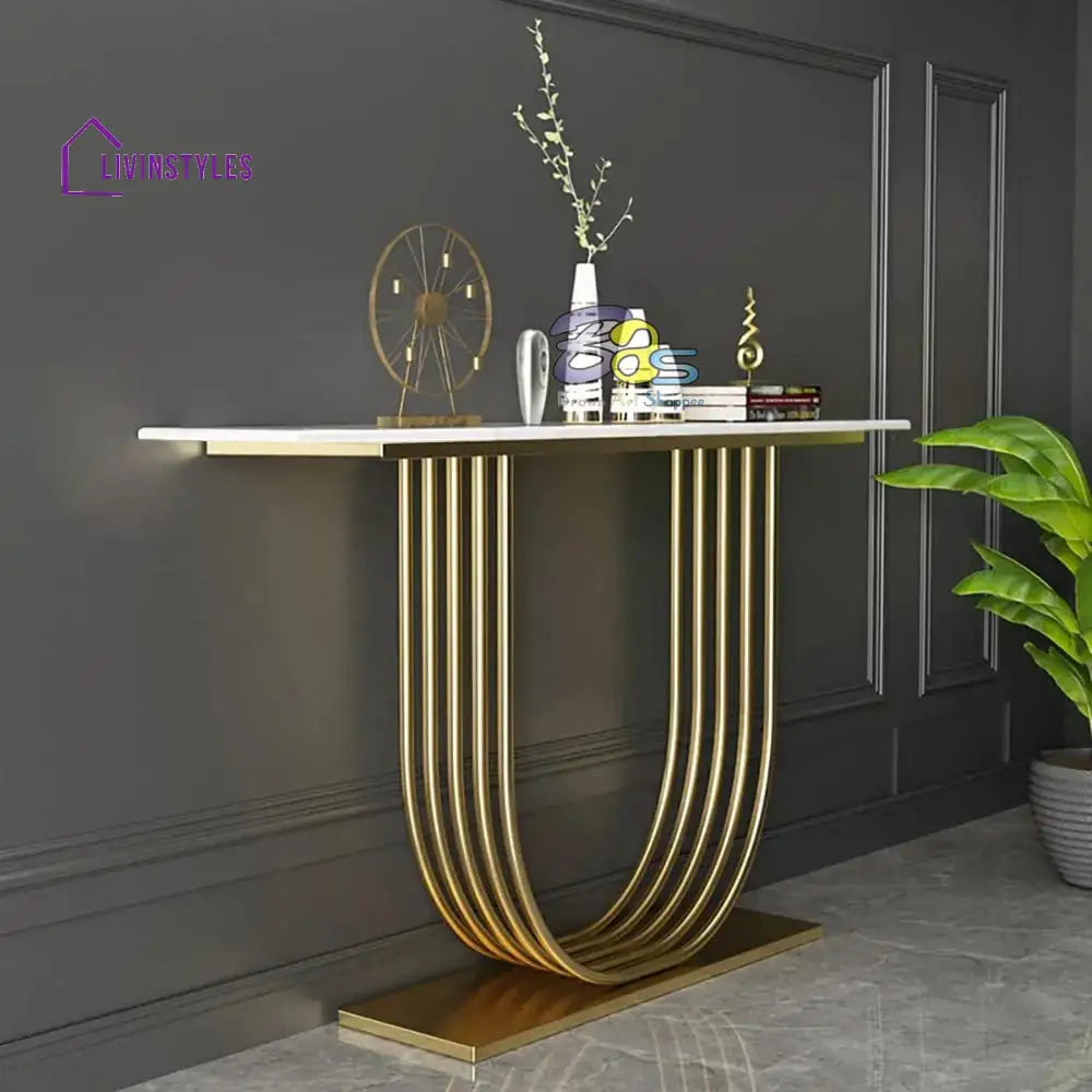 Madhu U-Shape Metal And Marble Golden Console Table