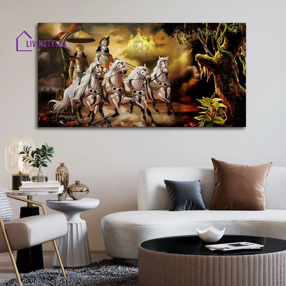 Mahabharat Shri Krishna And Arjun Premium Canvas Wall Painting Only Printed (No Frame Included)