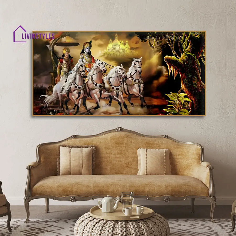 Mahabharat Shri Krishna And Arjun Premium Canvas Wall Painting With Floating Frame