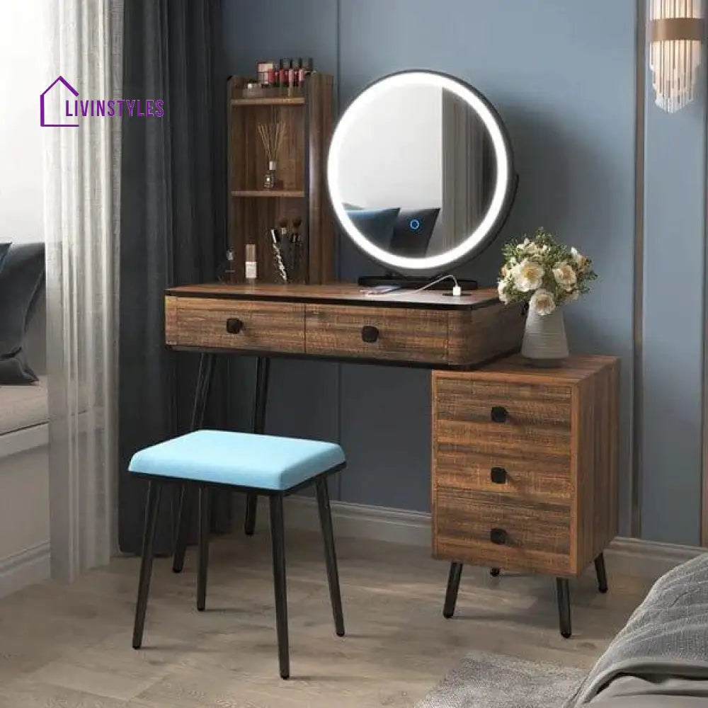 Jade Vanity dressing table design with light mirror with stool | Cosmetic Dressing Table with Makeup Stool Vanity Bedroom Dressers 5 Drawers Bedside Table for Ample Storage - Ouch Cart 