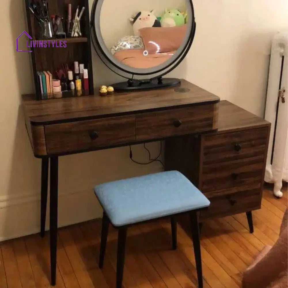 Jade Vanity dressing table design with light mirror with stool | Cosmetic Dressing Table with Makeup Stool Vanity Bedroom Dressers 5 Drawers Bedside Table for Ample Storage - Ouch Cart 