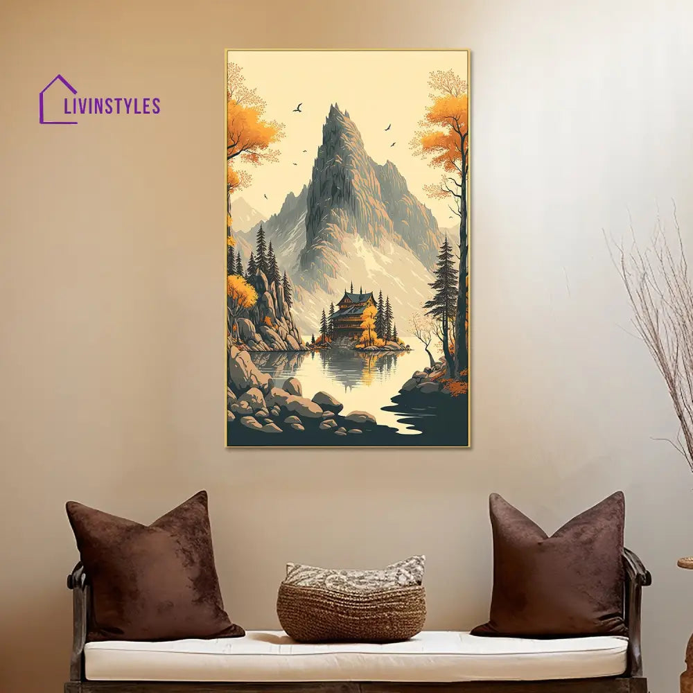 Majestic Mountain Lake With Birds Wall Painting