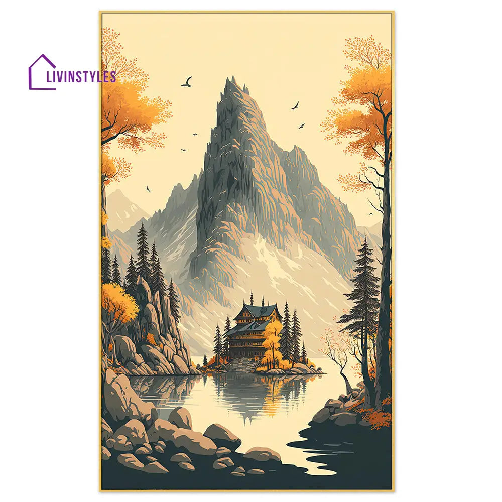 Majestic Mountain Lake With Birds Wall Painting