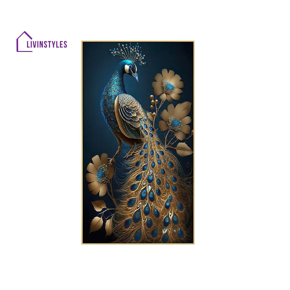 Majestic Peacock: Blue And Gold Wall Painting