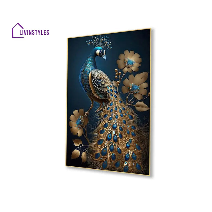 Majestic Peacock: Blue And Gold Wall Painting