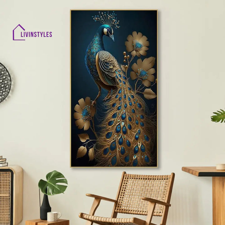 Majestic Peacock: Blue And Gold Wall Painting