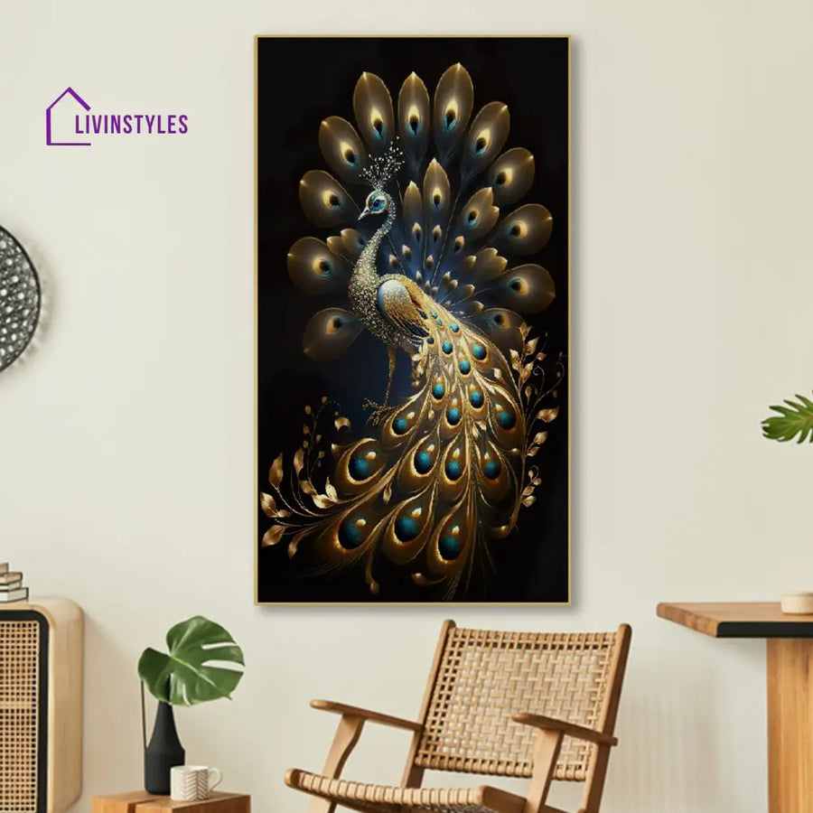 Majestic Peacock: Splendor In Gold Wall Painting