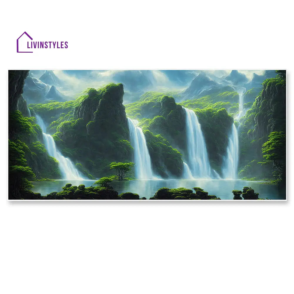 Majestic Waterfall Over Mountain Landscape Wall Painting