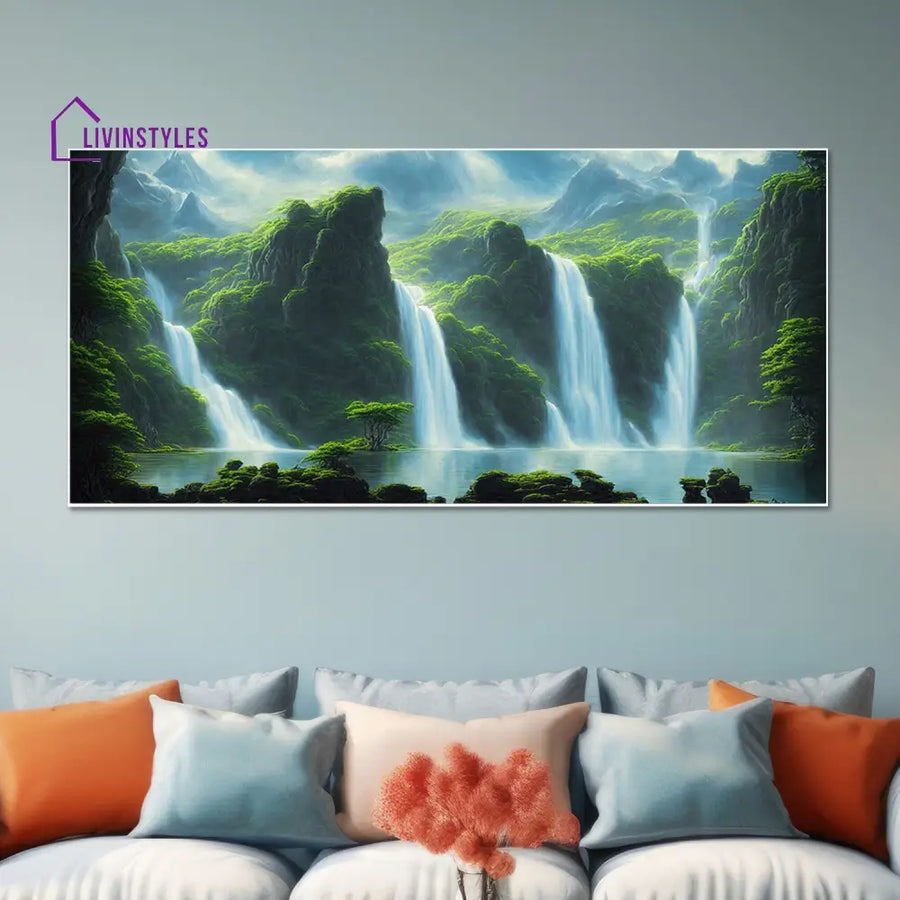 Majestic Waterfall Over Mountain Landscape Wall Painting