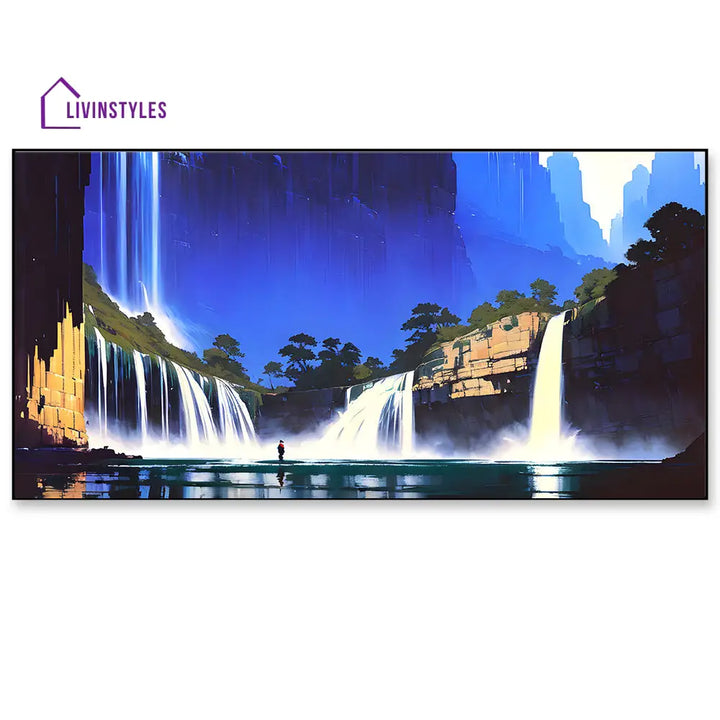 Majestic Waterfall With Awe-Inspiring Figure Wall Painting