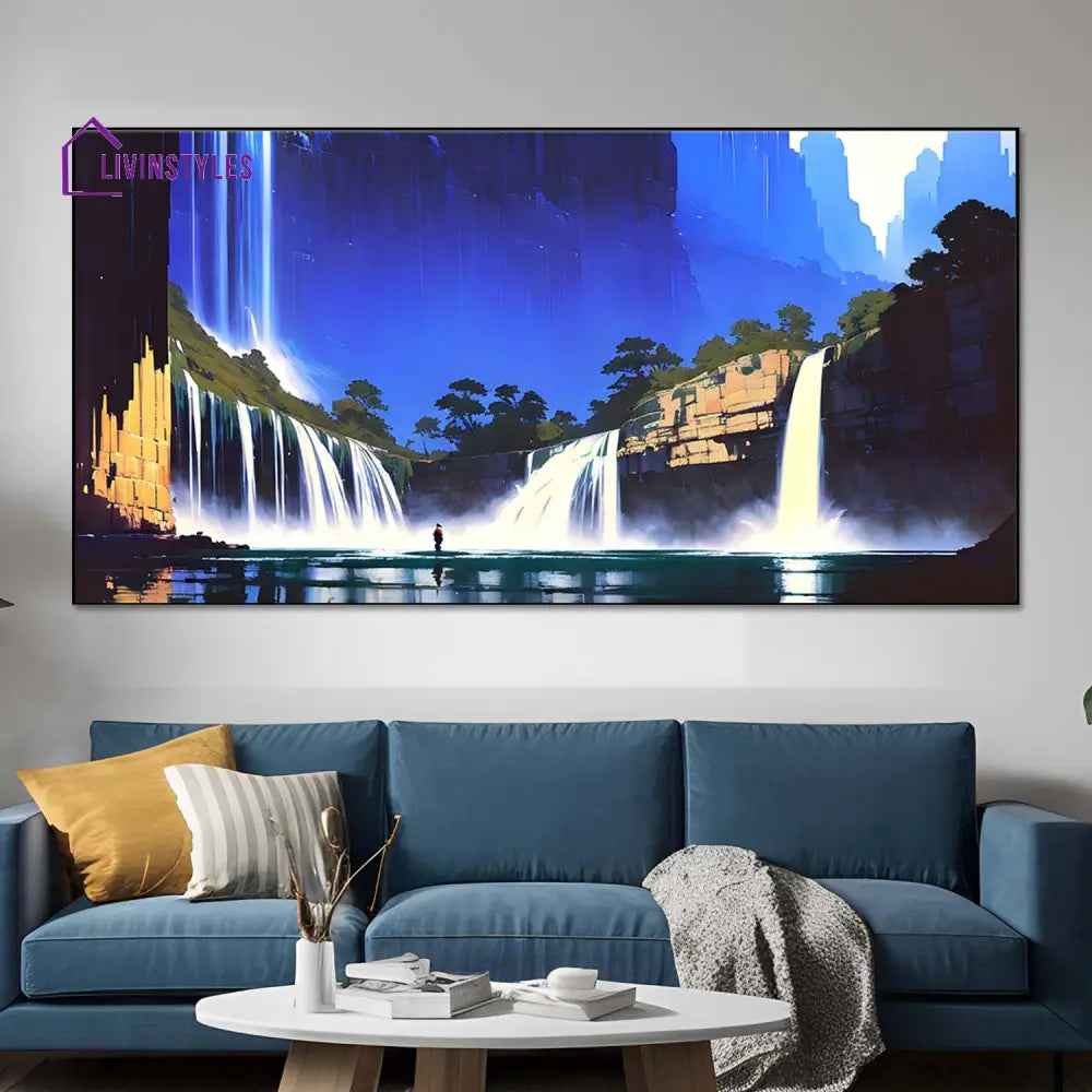 Majestic Waterfall With Awe-Inspiring Figure Wall Painting