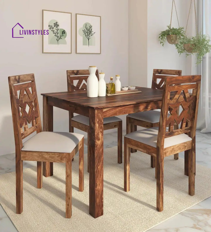 Makar Sheesham Wood 4 Seater Dining Set In Teak Finish Dining Room