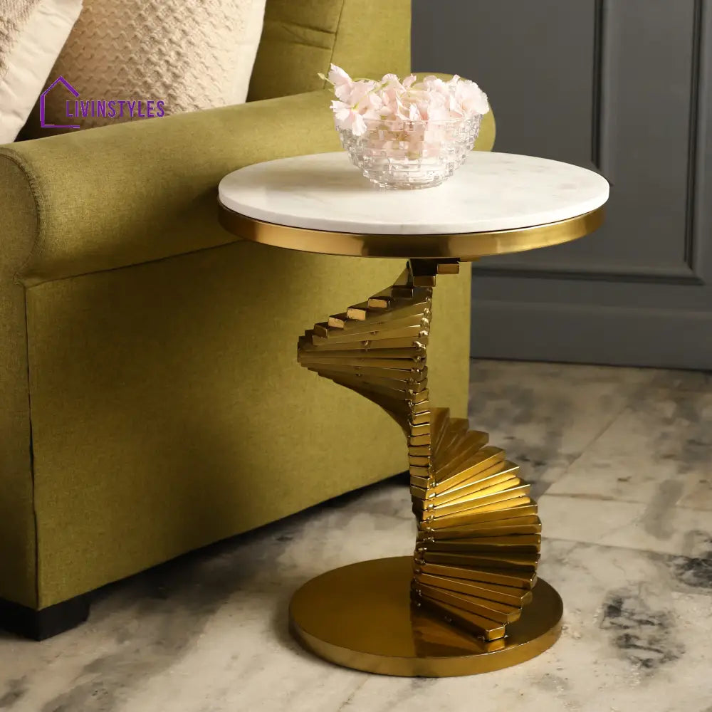 Maria Stainless Steel Side Table For Living In Gold Colour And Marble Top