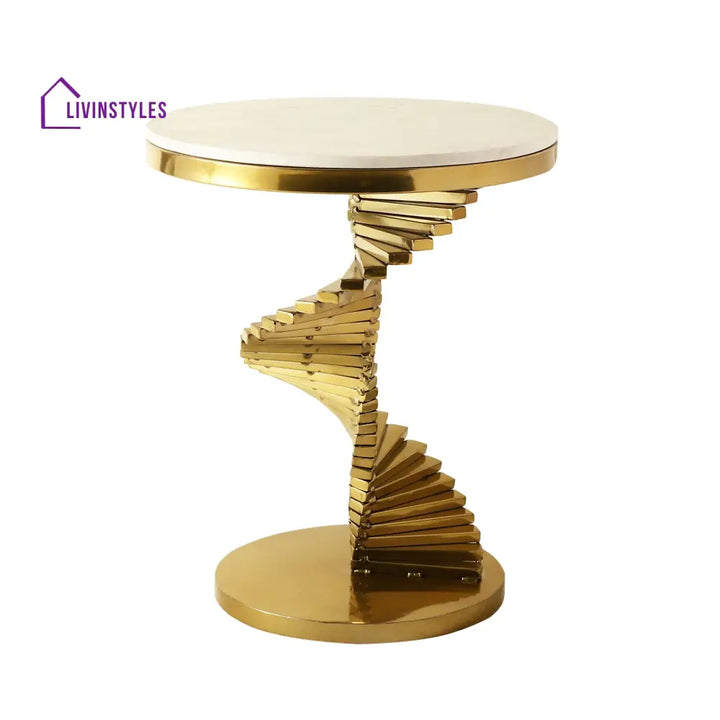 Maria Stainless Steel Side Table For Living In Gold Colour And Marble Top