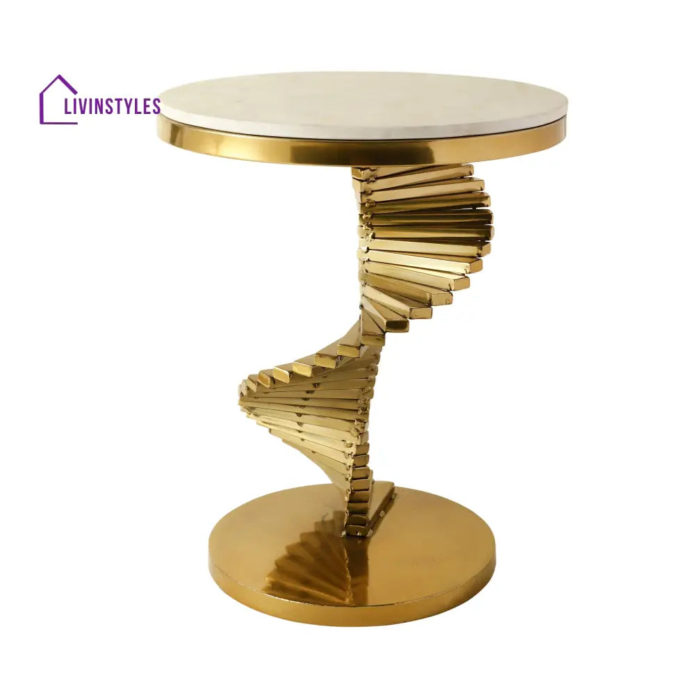 Maria Stainless Steel Side Table For Living In Gold Colour And Marble Top