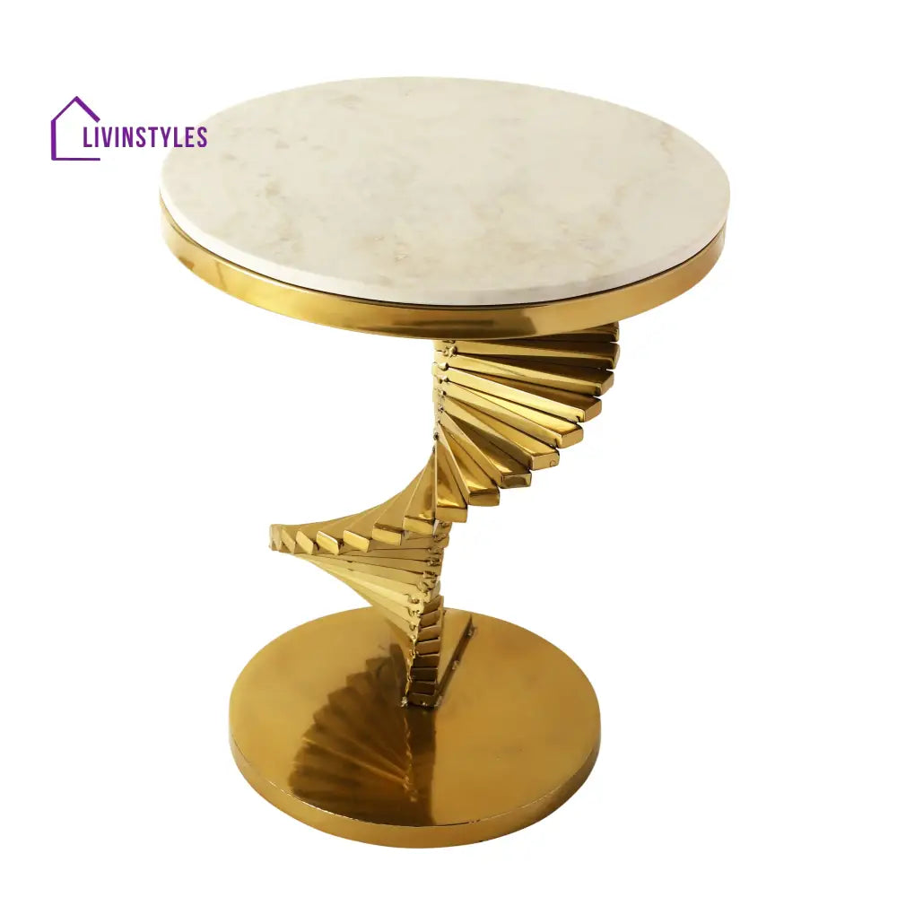 Maria Stainless Steel Side Table For Living In Gold Colour And Marble Top