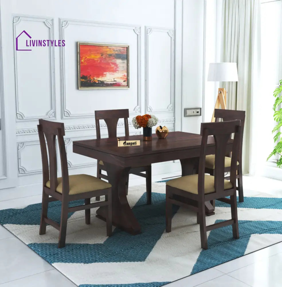 Maron Solid Sheesham Wood 4 Seater Dining Table Set - 1 Year Warranty Walnut