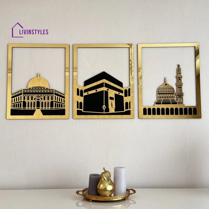 Masjid Al Aqsa Masjid Al-Haram & Masjid An-Nabawi Wooden Acrylic Islamic Wall Art Set 37x30cm | 14.5’’x11.8’’ inch