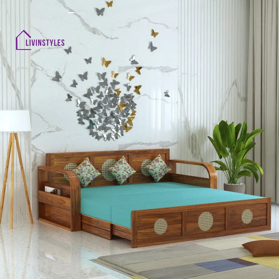 Cosmos Solid Sheesham Wood 3 Seater Sofa Cum Bed With Headboard Design - 1 Year Warranty Natural