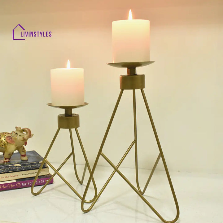 Meenal Metal Gold Candle Holder - Set Of 2