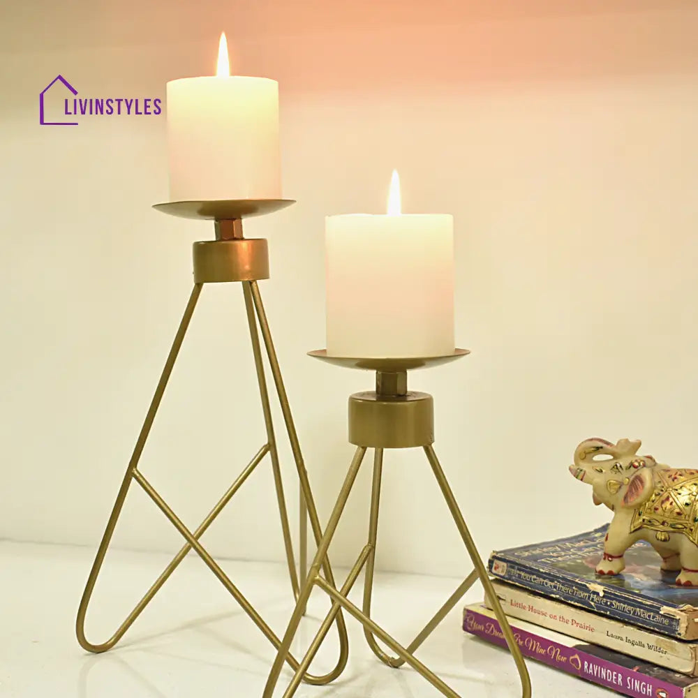 Meenal Metal Gold Candle Holder - Set Of 2