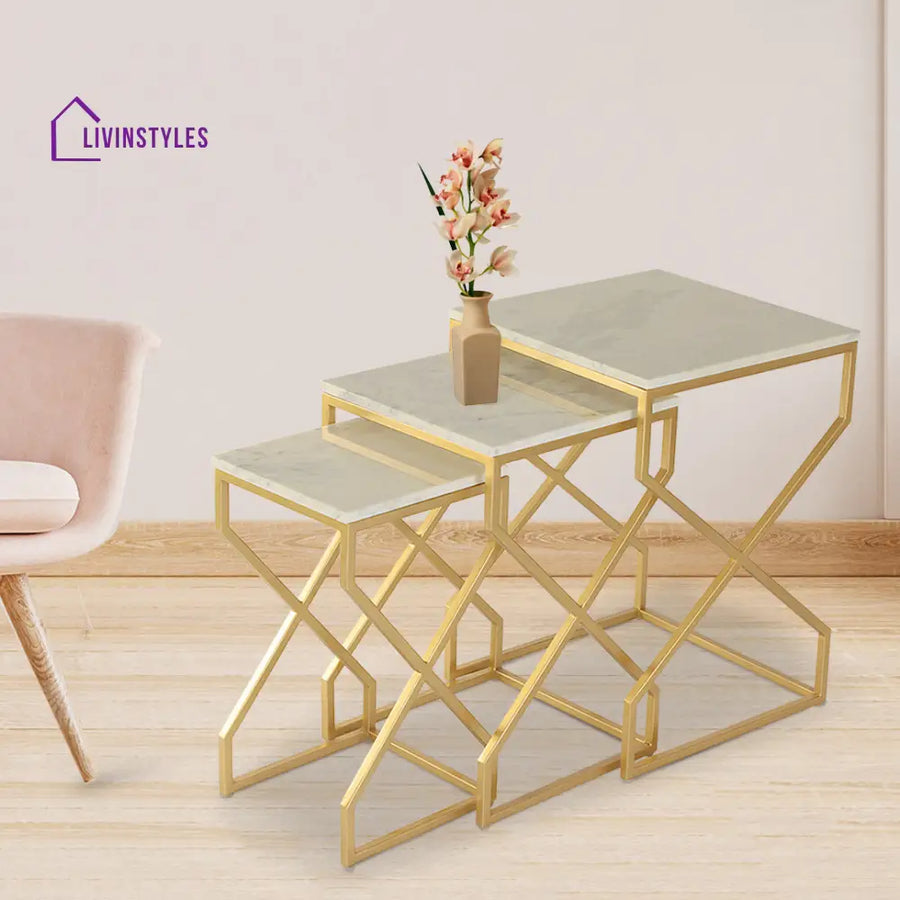 Melbourne Marble Nesting Table In Gold Finish (Set Of 3)