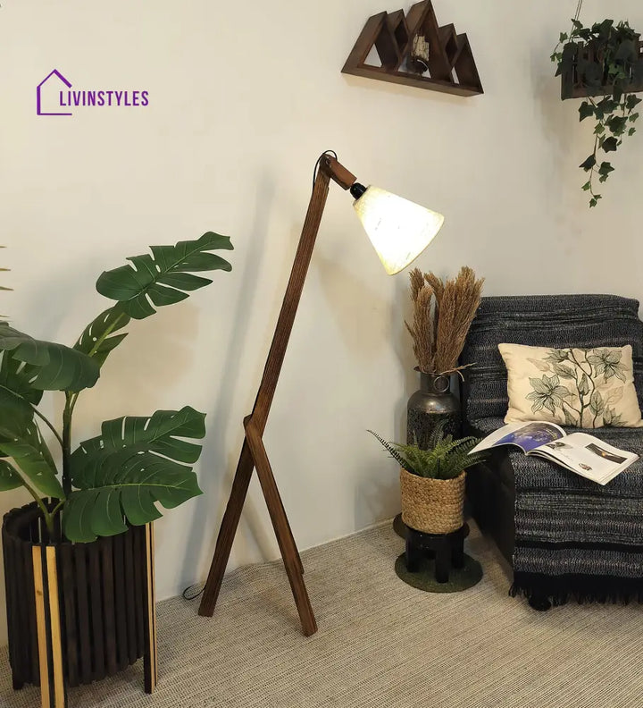 Melman Wooden Floor Lamp With Brown Base And Beige Fabric Lampshade Lamps