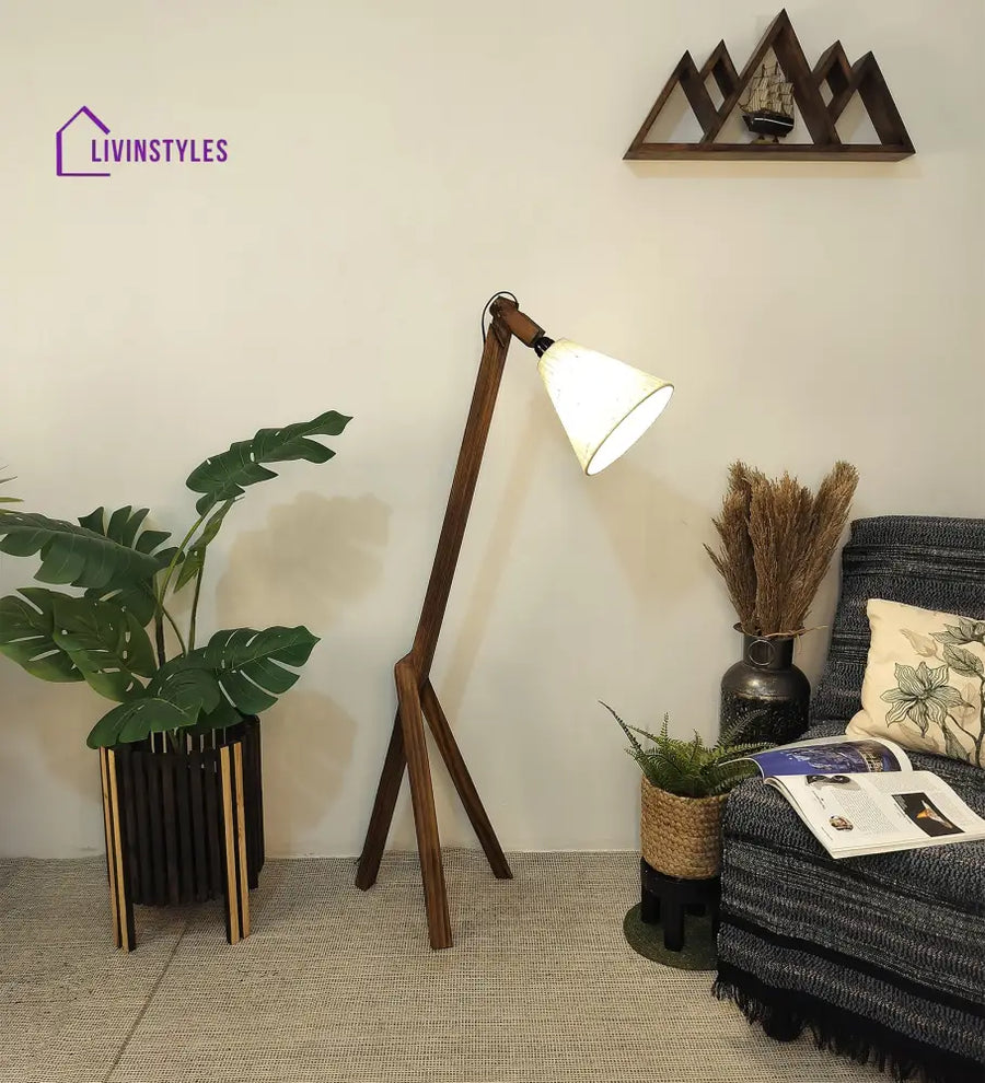 Melman Wooden Floor Lamp With Brown Base And Beige Fabric Lampshade Lamps