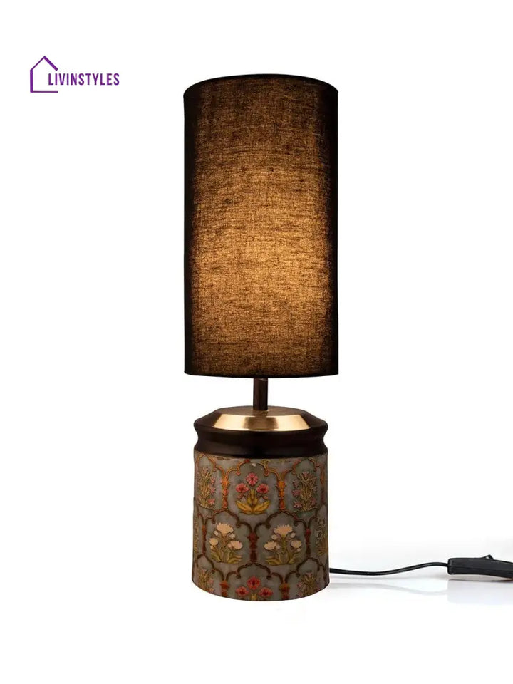 Metal Antique Motif Printed Lamp With Solid Black Shade Table