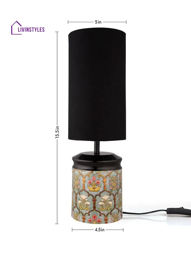 Metal Antique Motif Printed Lamp With Solid Black Shade Table