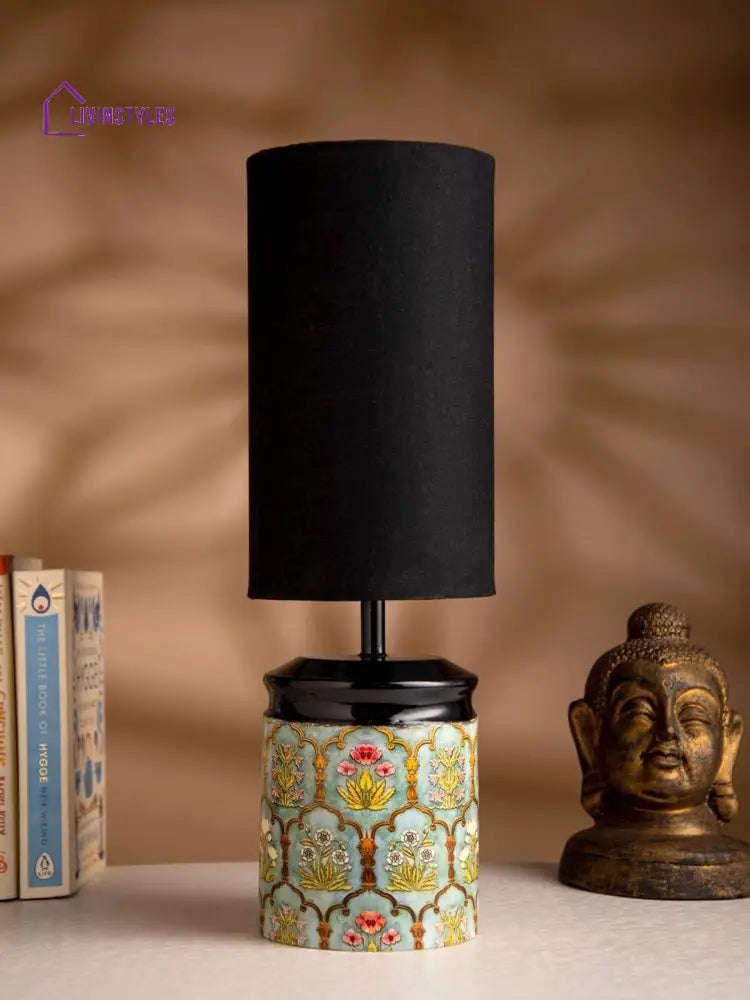 Metal Antique Motif Printed Lamp With Solid Black Shade Table