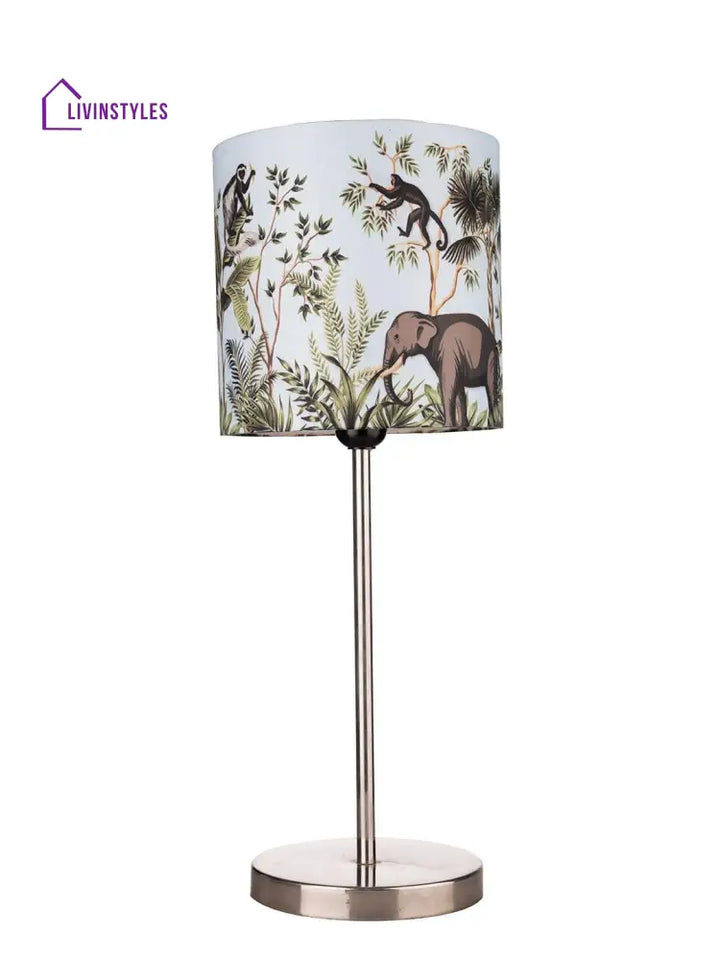 Metal Chrome Finish Lamp With Multicolor Jungle Shade