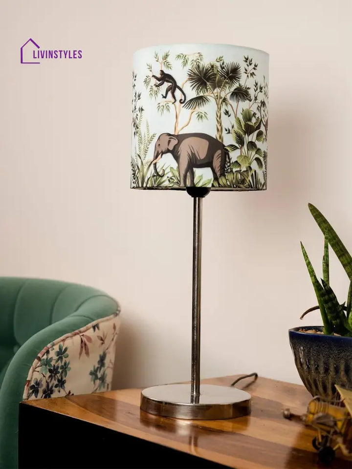 Metal Chrome Finish Lamp With Multicolor Jungle Shade