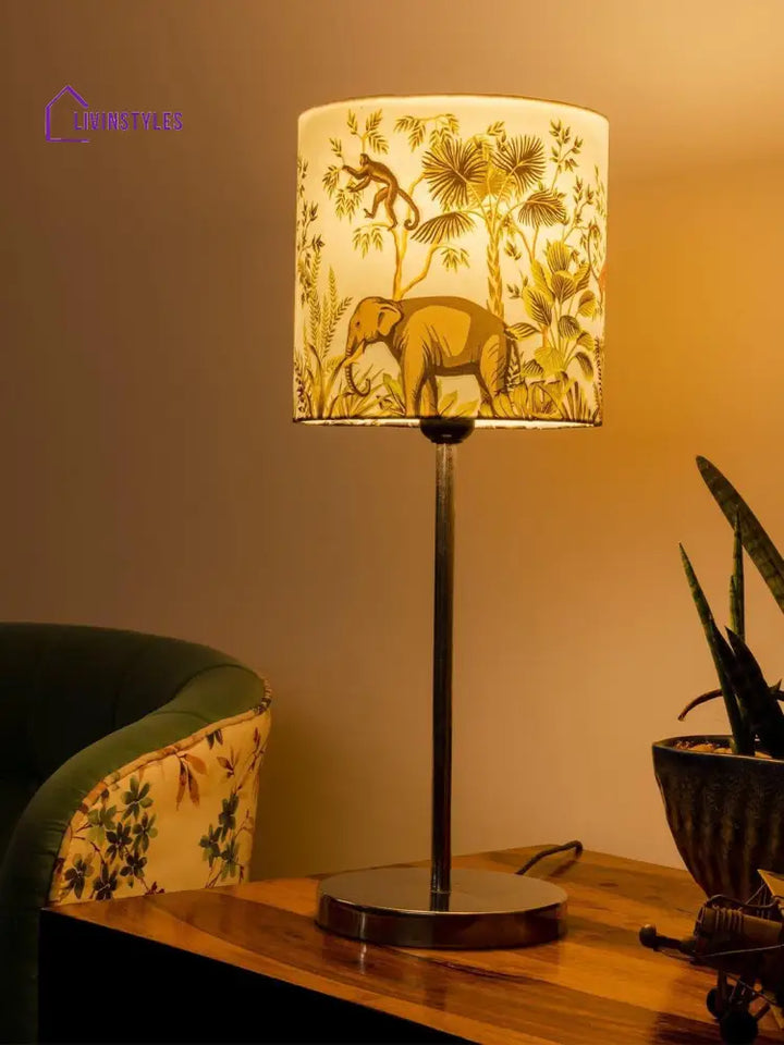 Metal Chrome Finish Lamp With Multicolor Jungle Shade