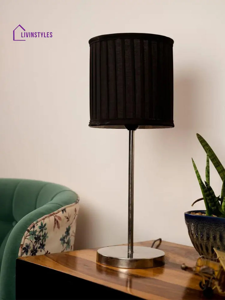 Metal Chrome Finish Lamp With Pleeted Cotton Black Shade