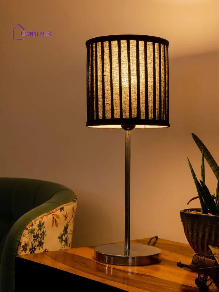 Metal Chrome Finish Lamp With Pleeted Cotton Black Shade