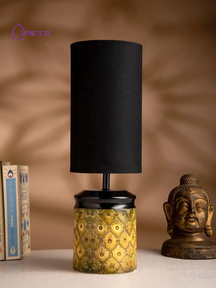 Metal Diamond Tile Print Lamp With Solid Black Shade Table