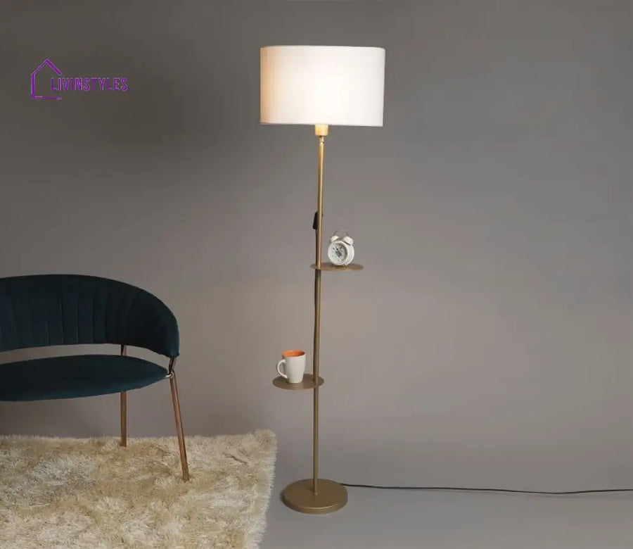 Metal Floor Lamp With 2 Shelf Of 6 Inch Dia Gold Color Base And Oval Shade Lamps
