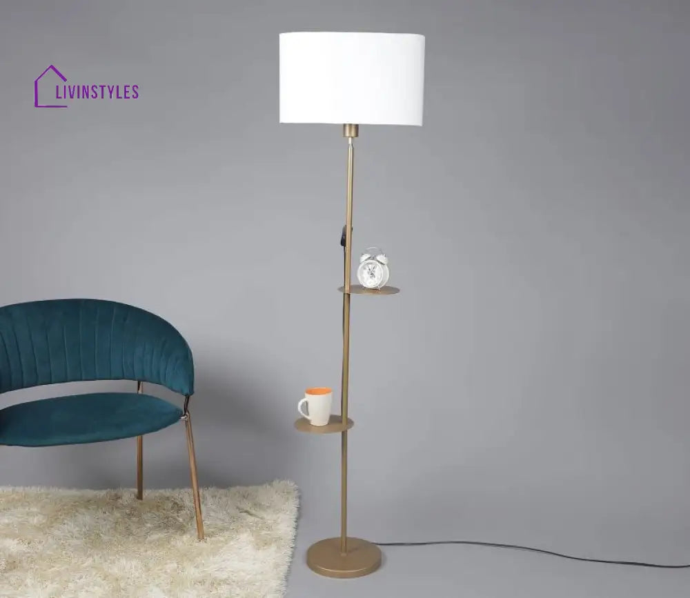 Metal Floor Lamp With 2 Shelf Of 6 Inch Dia Gold Color Base And Oval Shade Lamps