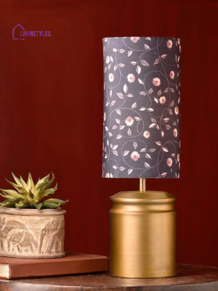 Metal Golden Table Lamp With Floral Print Shade