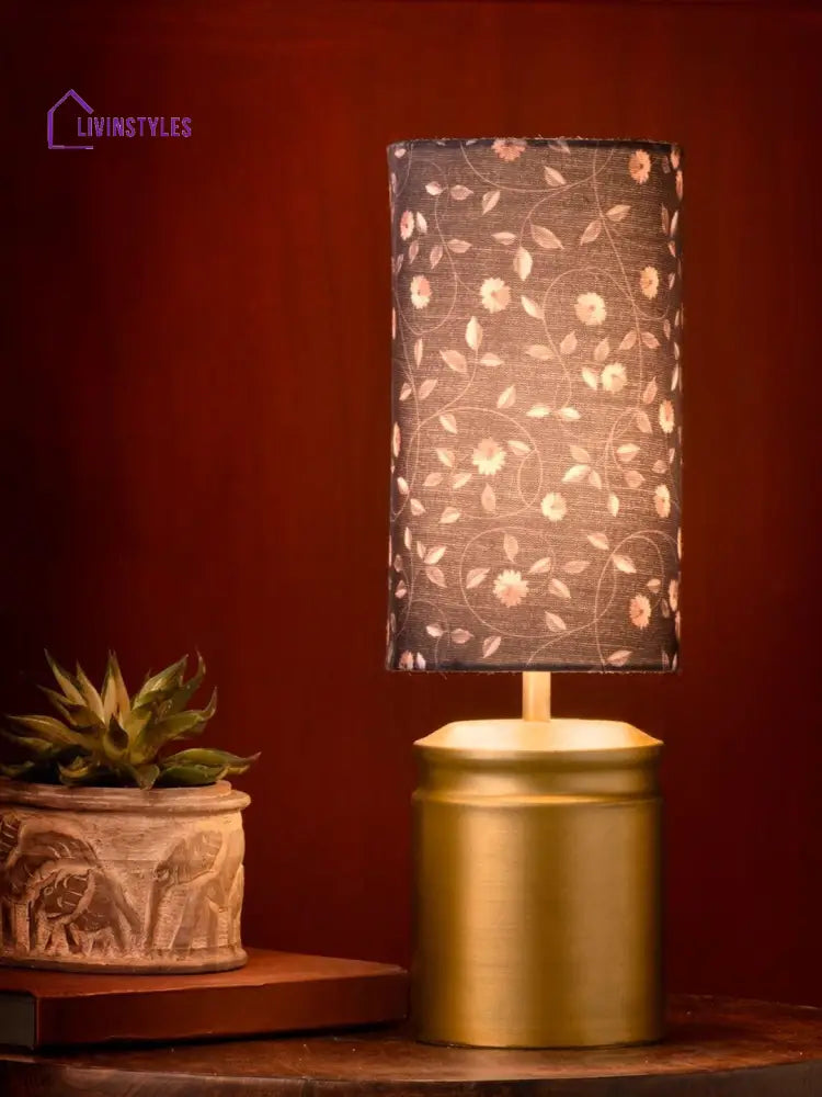 Metal Golden Table Lamp With Floral Print Shade