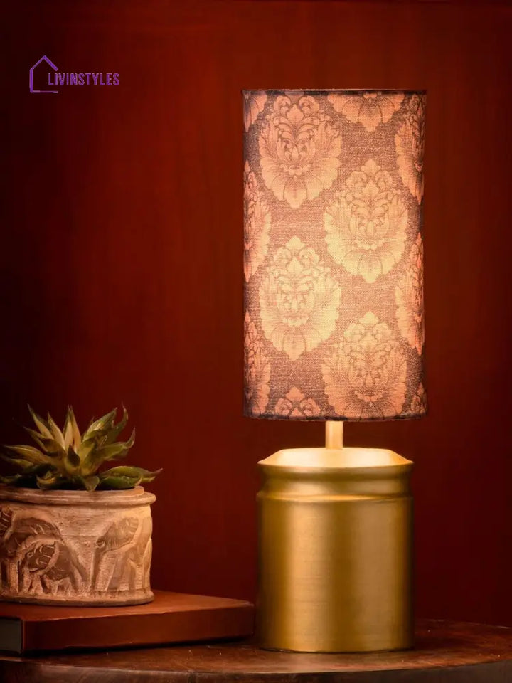 Metal Golden Table Lamp With Motives Printed Shade